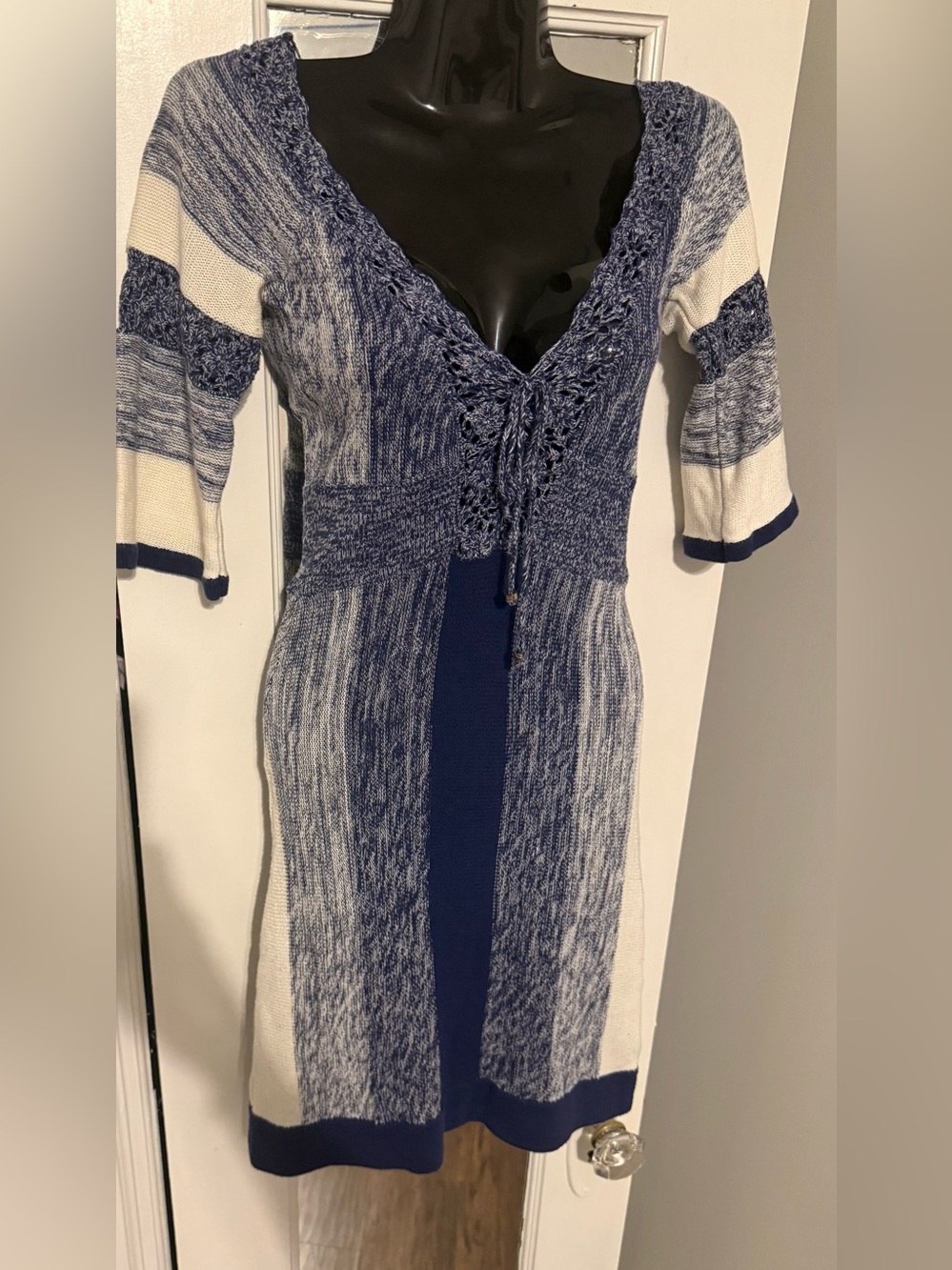 Guess Jeans 100% Cotton Crochet Lace Up Sweater Dress Blue Cream Stripe XS